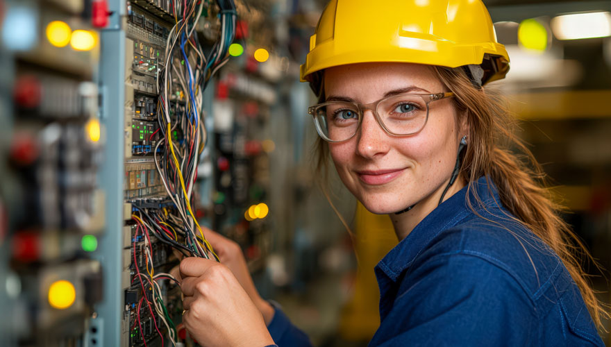 Young woman working on relectrical control panel