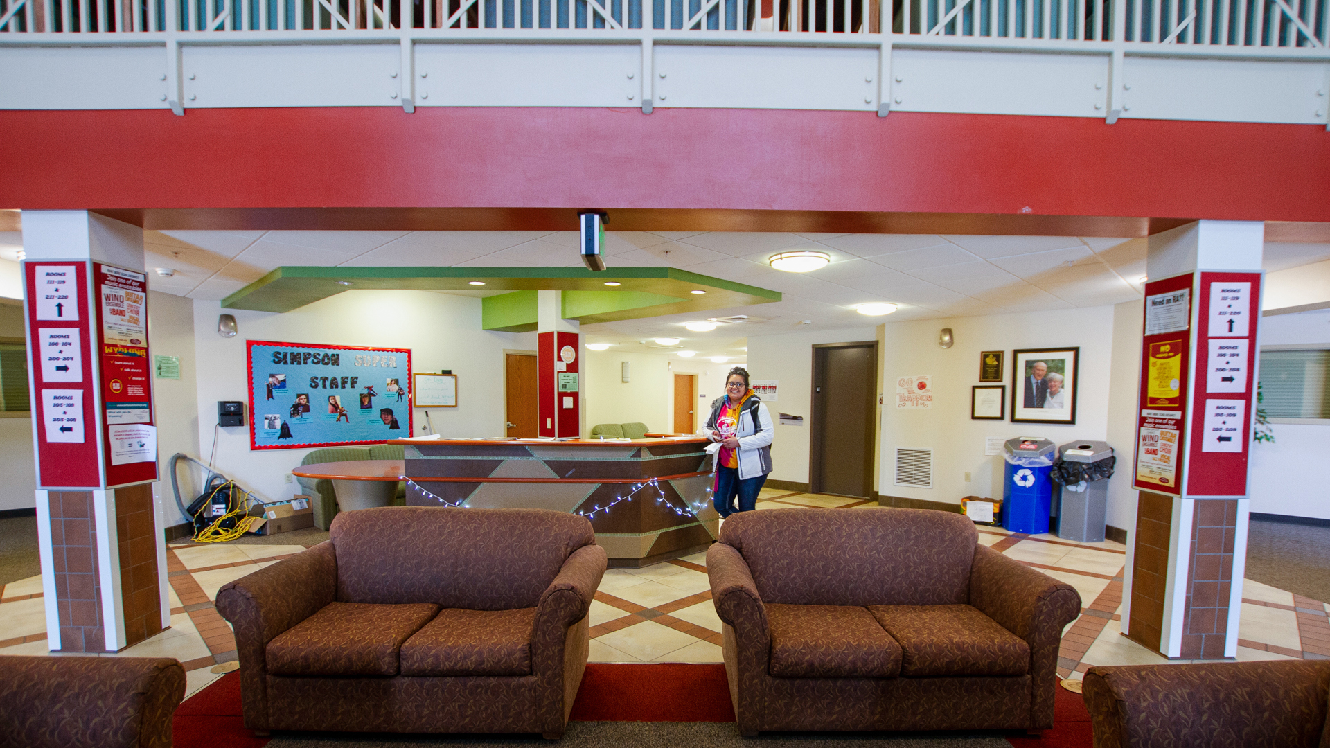 Downstairs lobby of Simpson Hall with couches